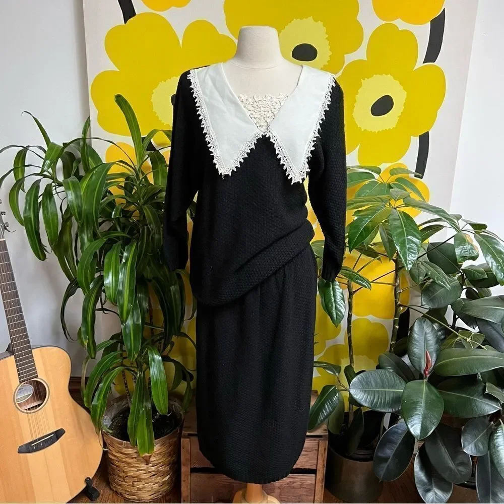 Vintage 2 Piece 80s Handmade Dark Academia Goth Moody Wednesday Skirt Sweater